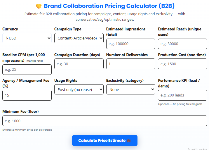 Brand Collaboration Pricing Calculator (B2B)